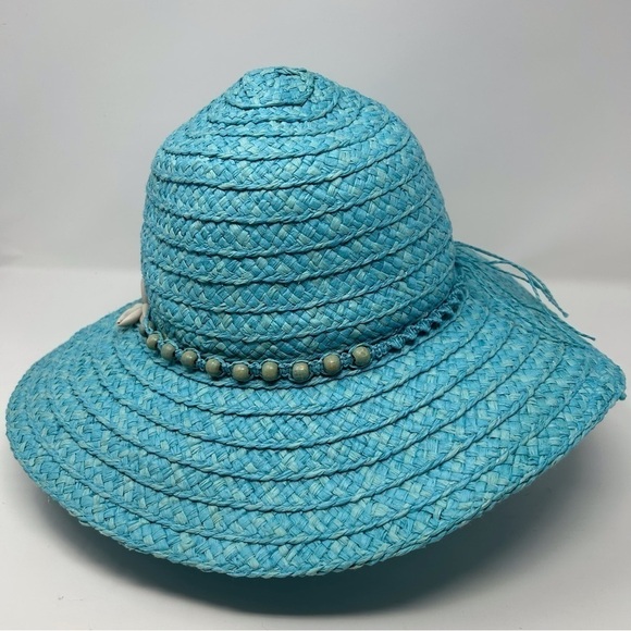 Vintage Light Sky Blue Sun Hat with Genuine Shell Design Summer Vacation Beach - Picture 7 of 15